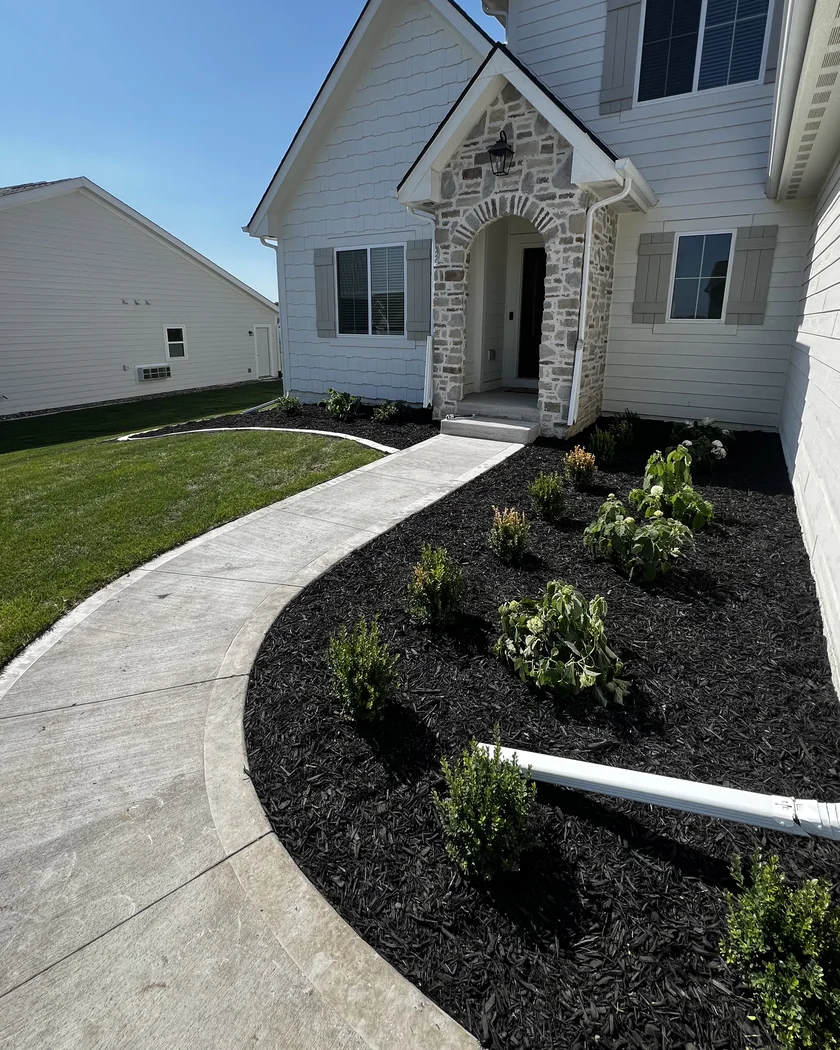 Freshly installed landscape with grading and plantings by Larkin Landscape and Design